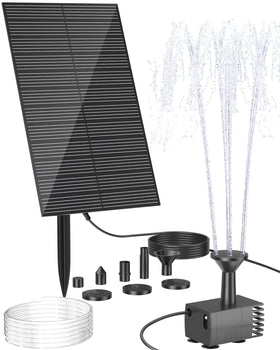 Biling solar water fountain pump in action over a bird bath with a bright spray
