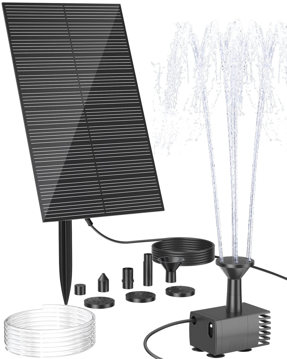 Biling solar water fountain pump in action over a bird bath with a bright spray