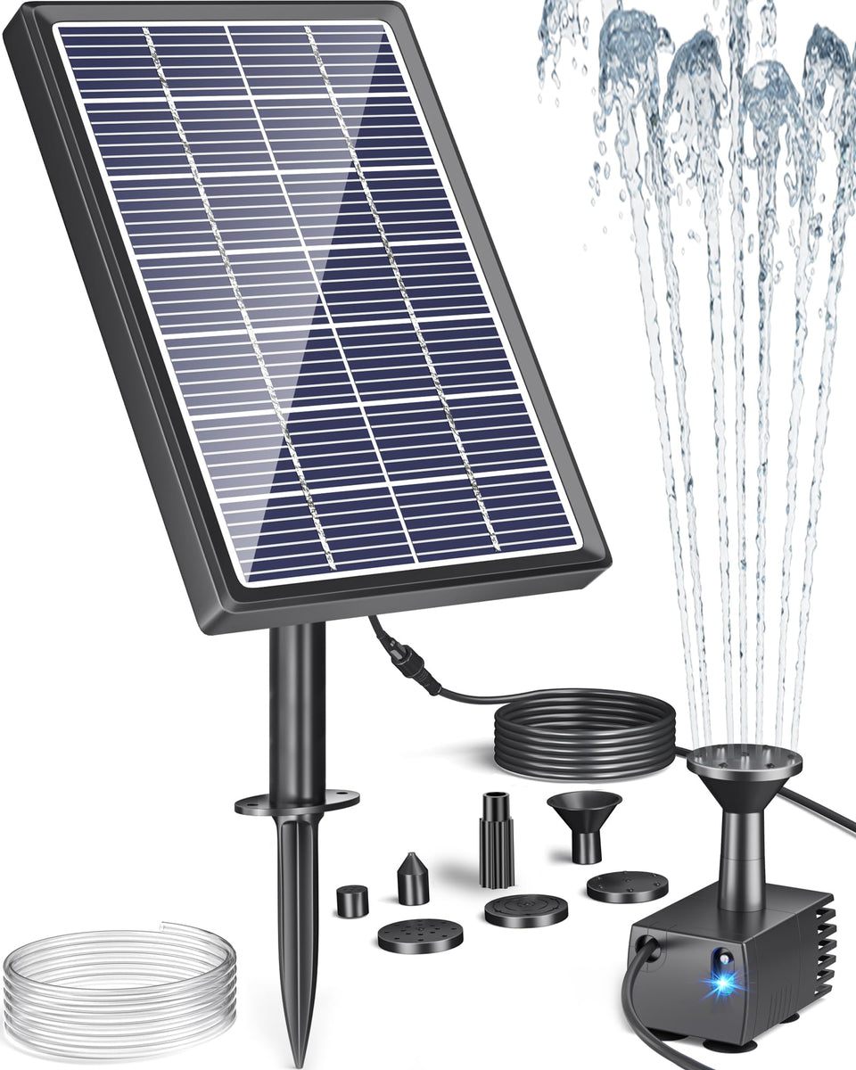 Biling solar water pump in a bird bath delivering a gentle fountain in bright sunlight