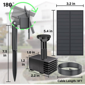 Biling solar water pump with four nozzles for varied spray heights and dynamic water features.