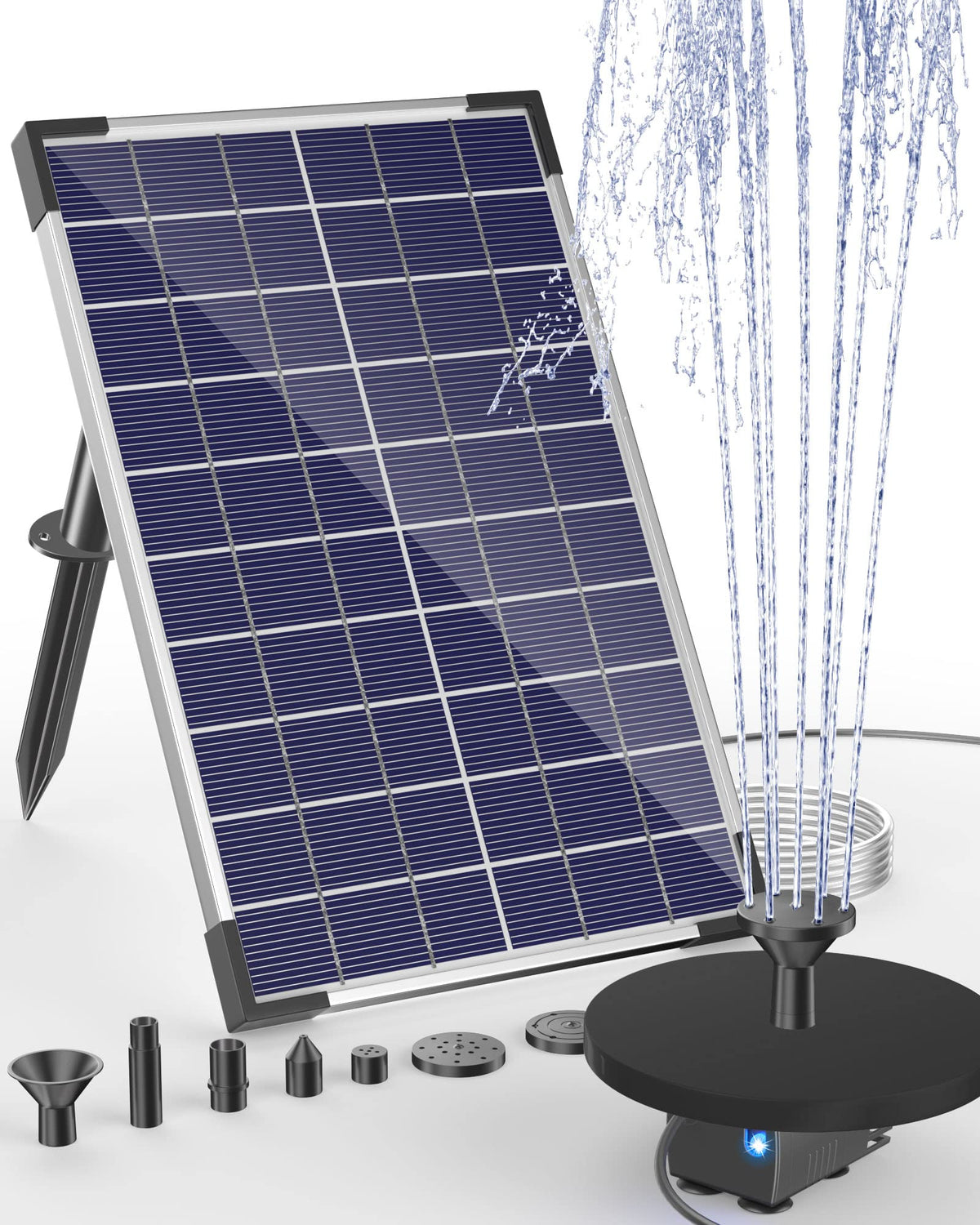 Biling solar water pump panel setup powering a steady fountain for bird baths.