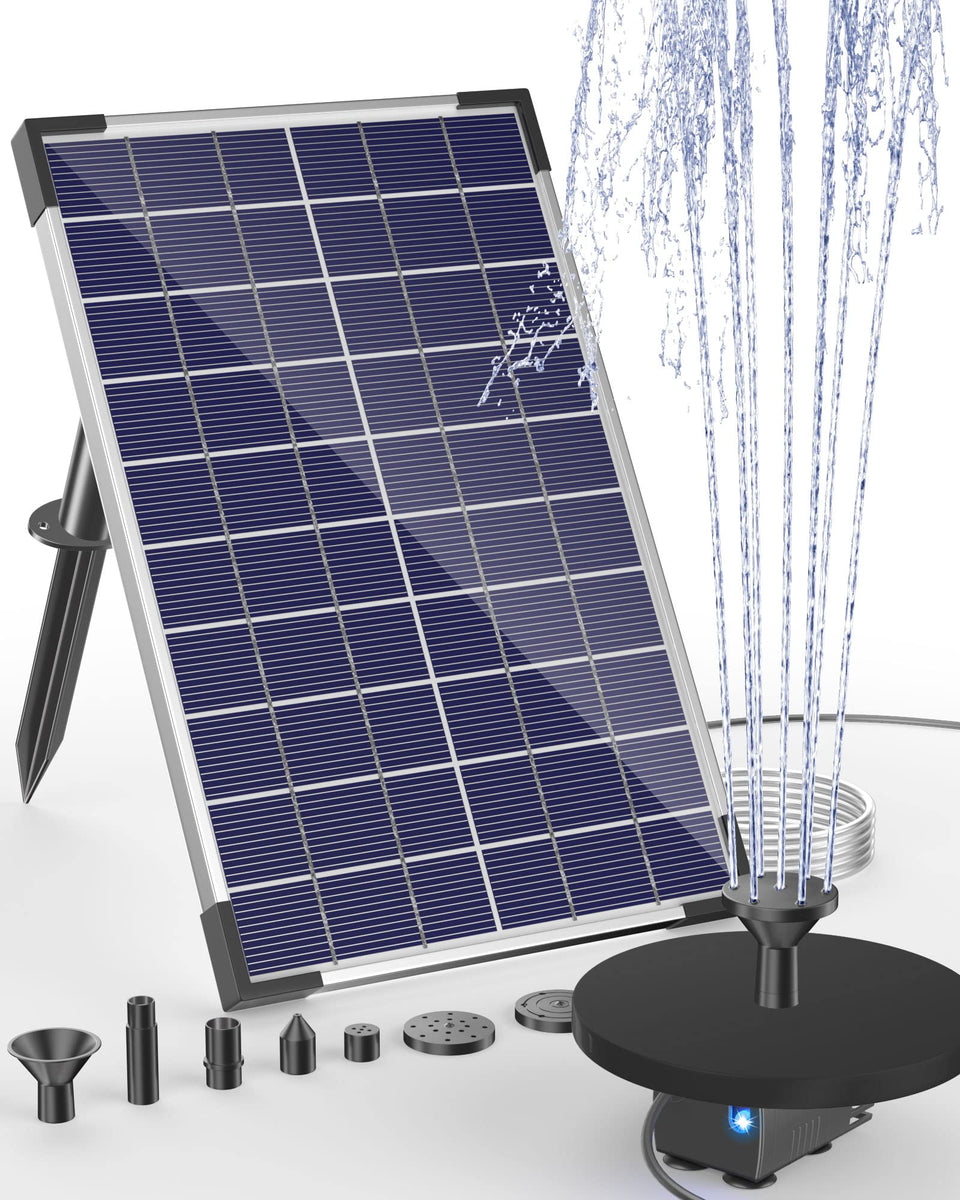 Biling solar water pump panel setup powering a steady fountain for bird baths.