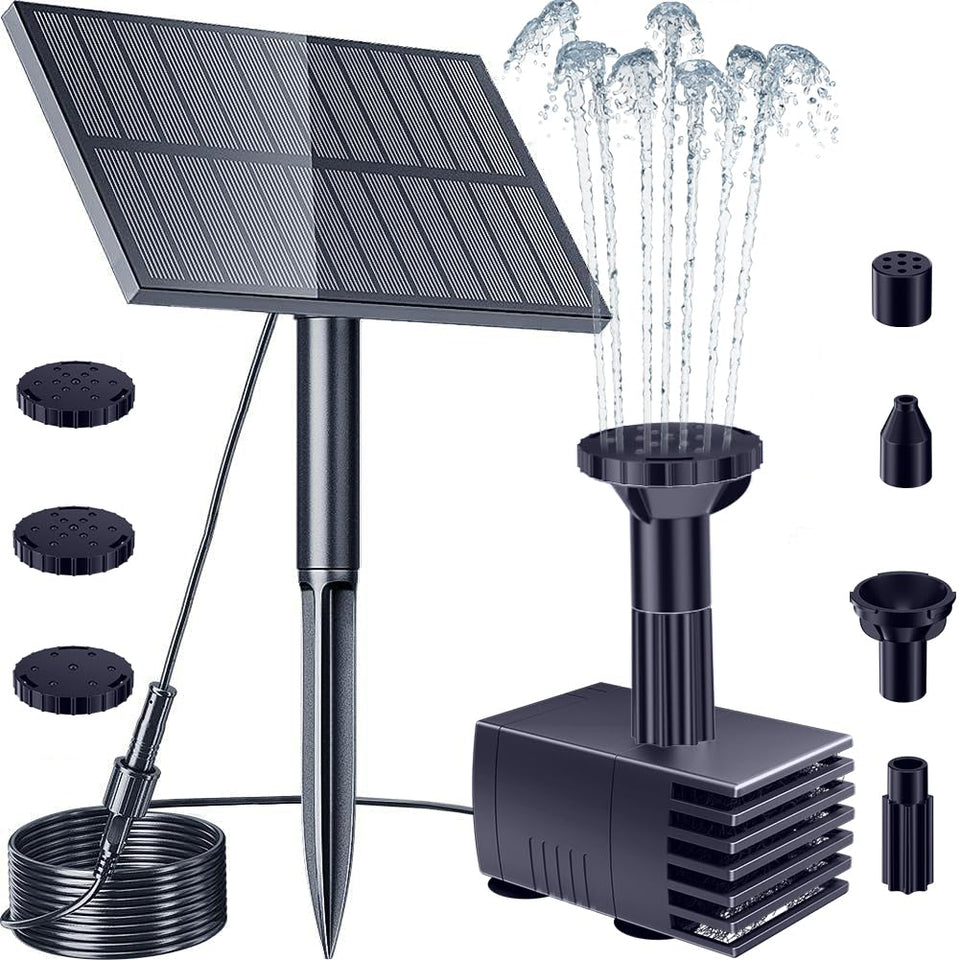 Biling solar water pump with rotatable panels enabling efficient sun capture for fountains.