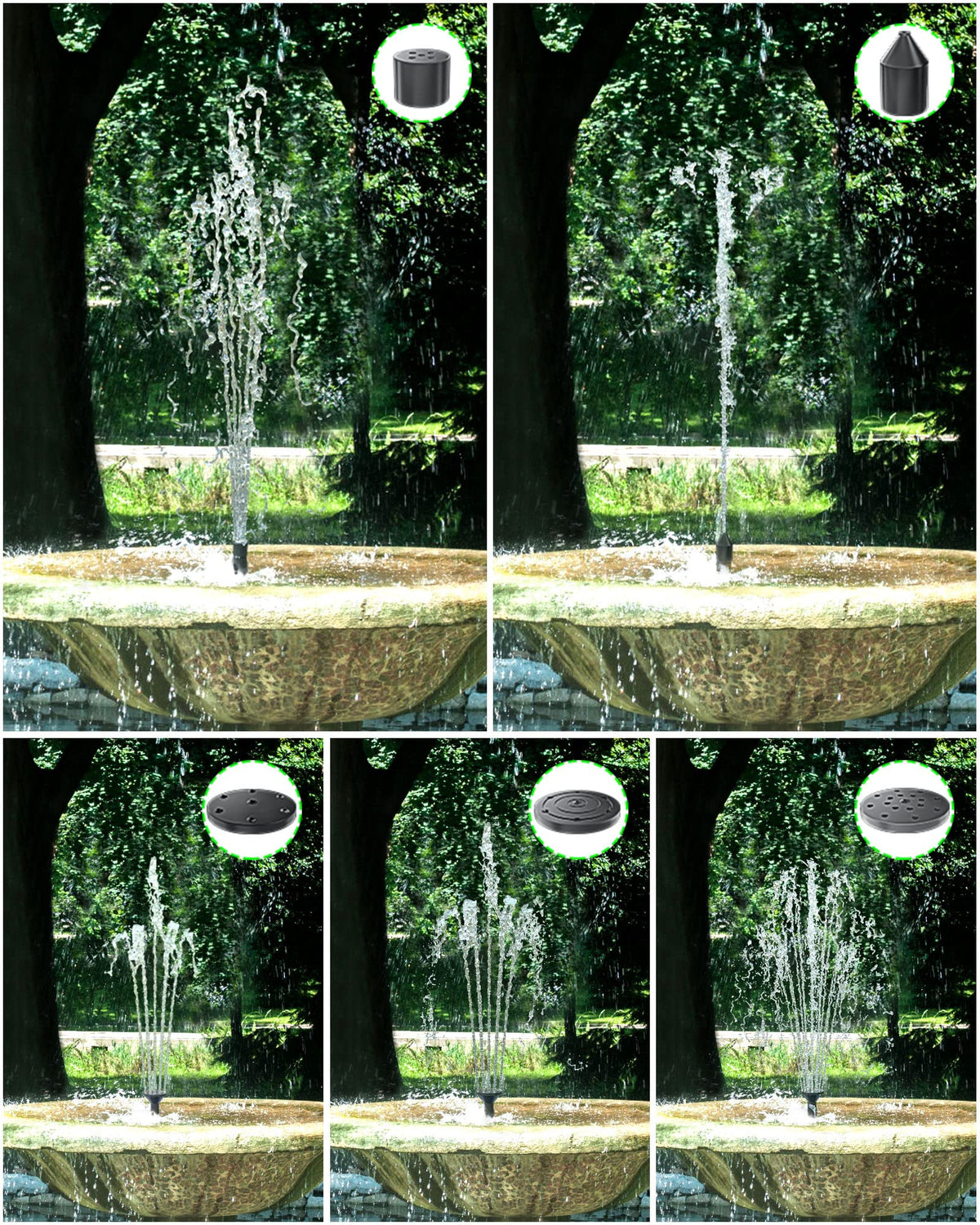 Biling sprinkler head attachment creates decorative fountain patterns in ponds.