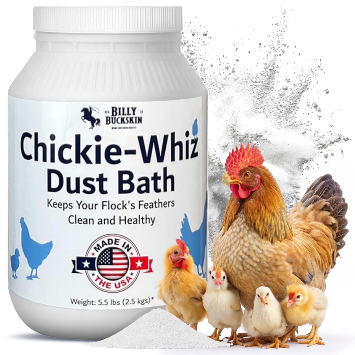 Chickie-Whiz packaging displays American-made quality for quick dust baths.