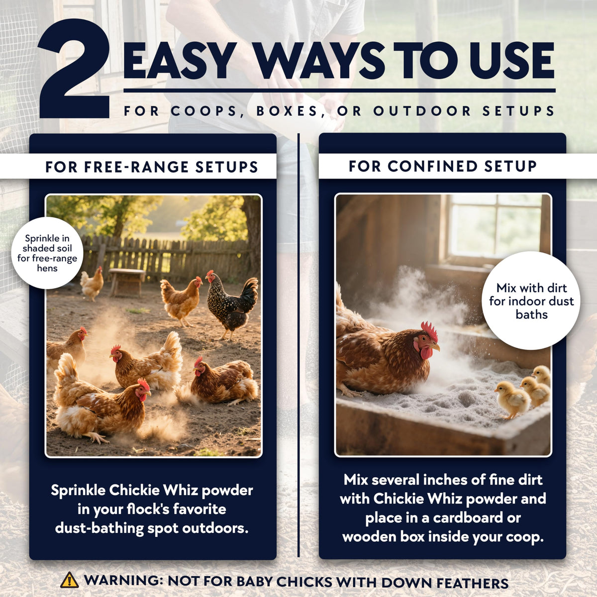 Chickie-Whiz promotes feather care as chickens roll and preen.