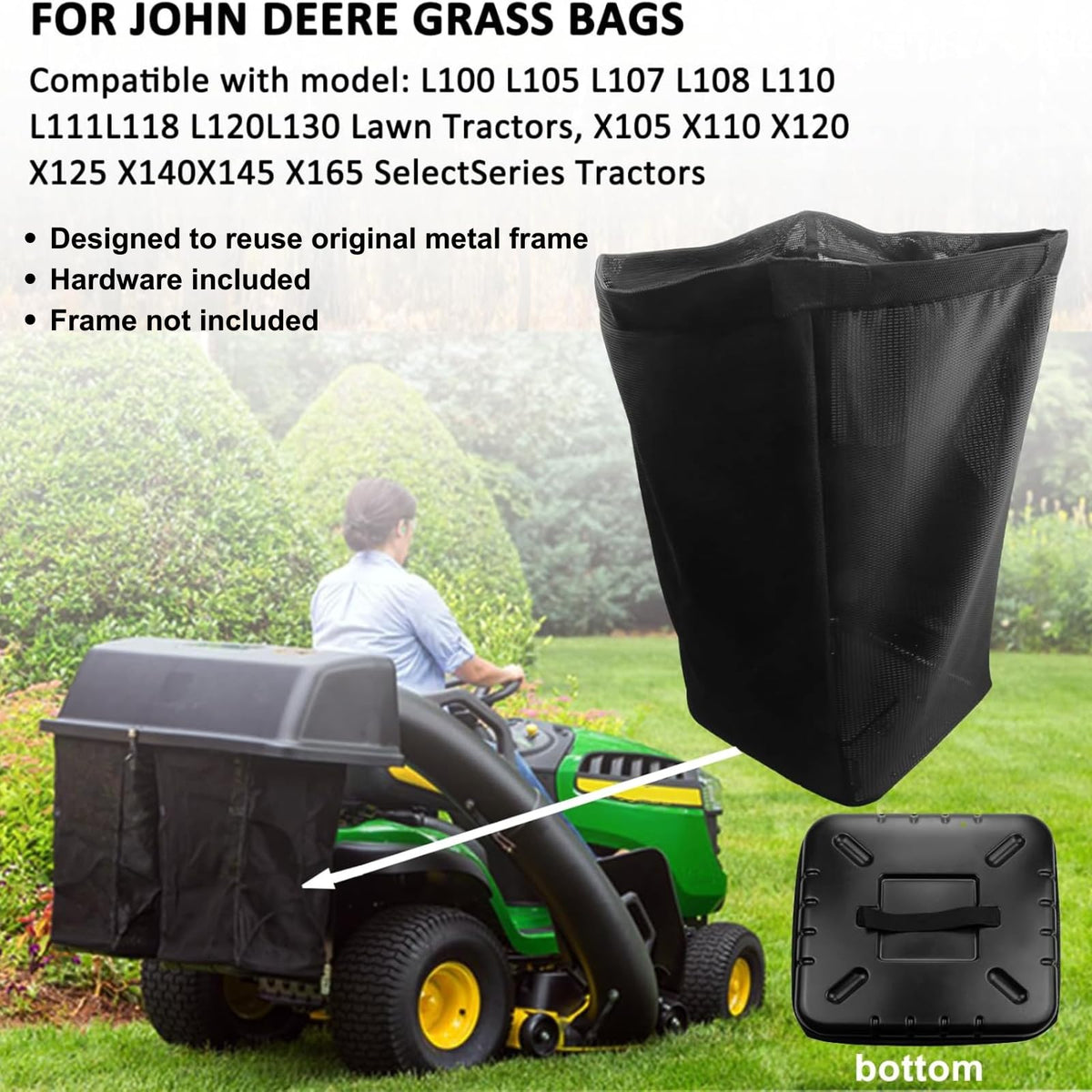 Binazon D100-series compatibility image highlights a trusted bagging solution for D100-D170 tractors.