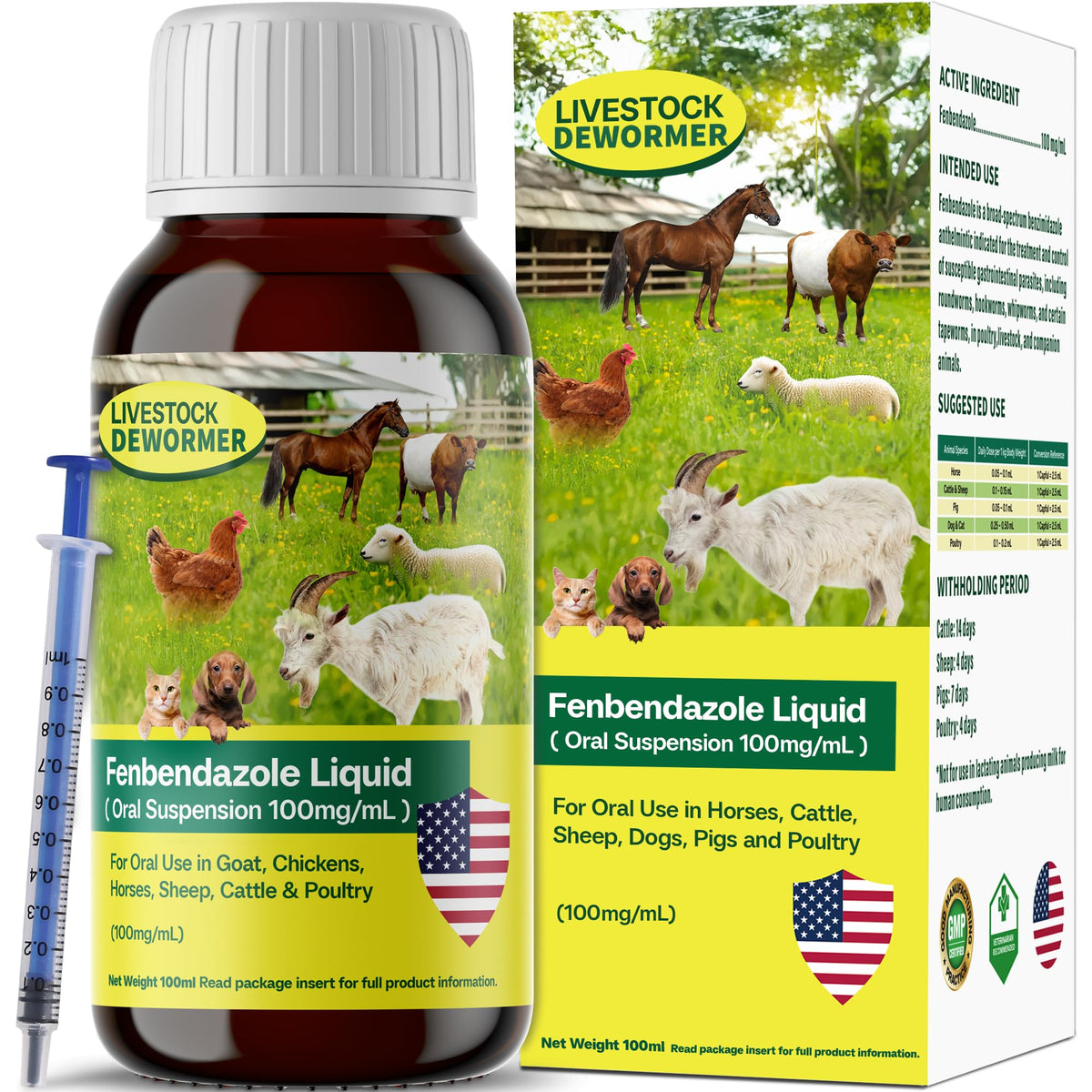 Bingbrofam Dewormer bottle pour supports easy administration for goats and poultry.