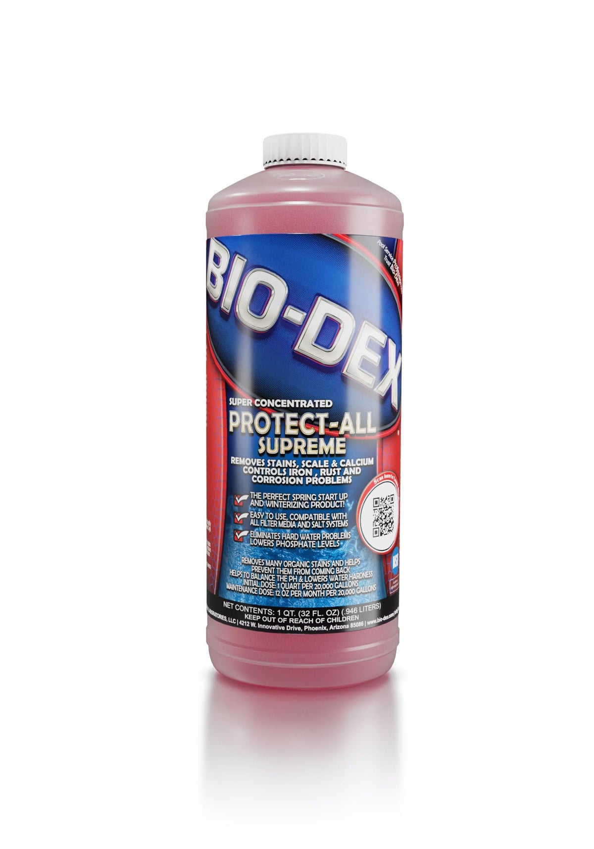 Bio-Dex Protect All Quart bottle for easy stain and scale removal in pools and spas