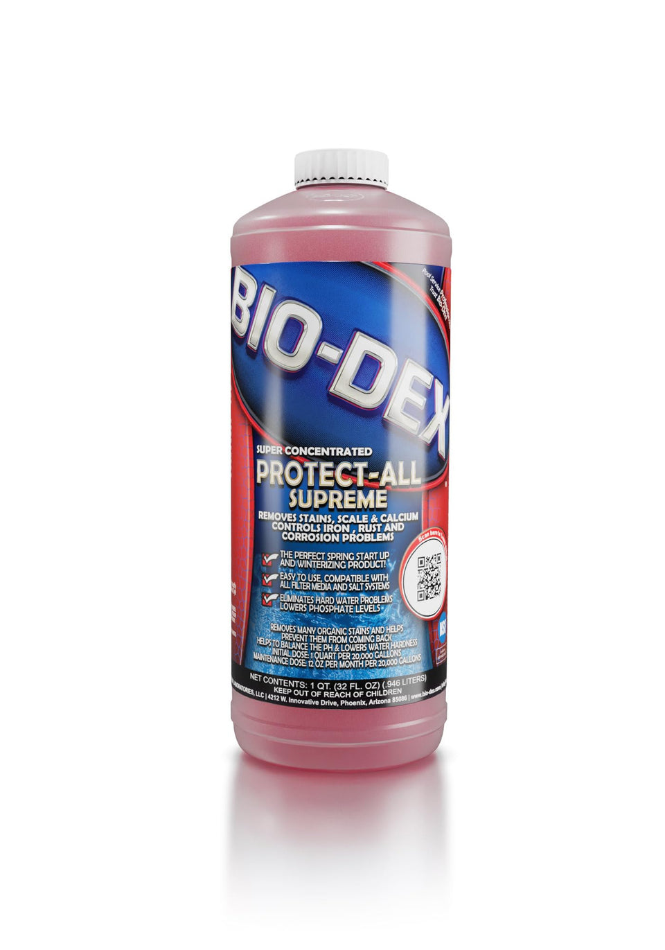 Bio-Dex Protect All Quart bottle for easy stain and scale removal in pools and spas
