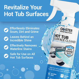 Bio Ouster spray-action bottle cleaning hot tub surface for quick shine.