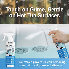 Bio Ouster hot tub cleaner bottle-application demonstrates easy cleaning on acrylic shell.