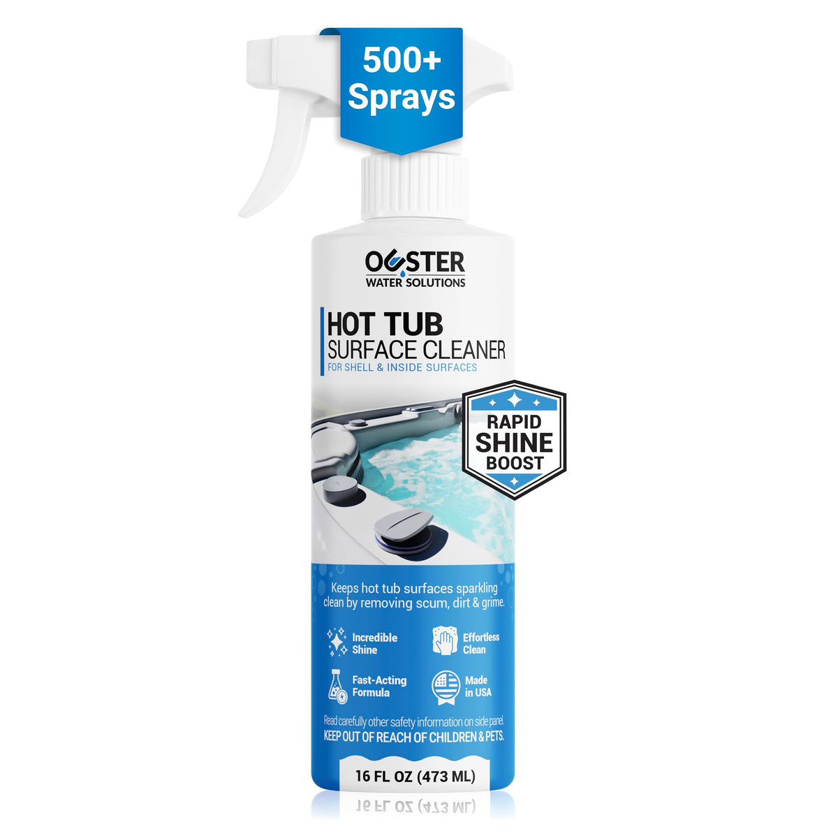 Bio Ouster hot tub surface cleaner on shell close-up shows sparkling finish.