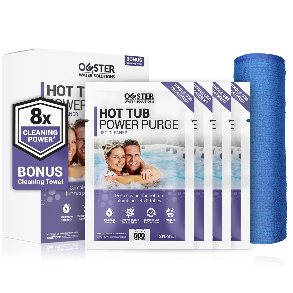 Bio Ouster Power Purge four pack cleans hot tub jets for clear water