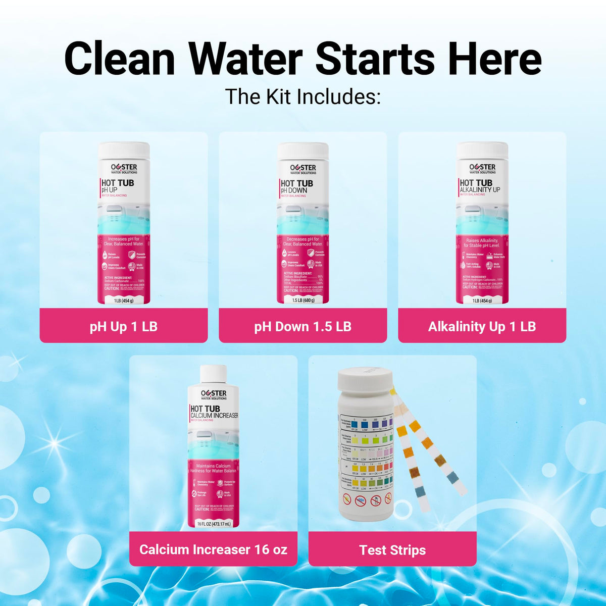 Bio Ouster test strips show 50-count for clear water readings.