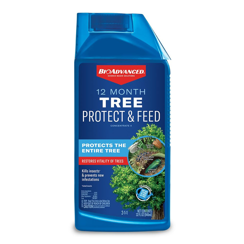 BioAdvanced 12 Month Tree Protect & Feed II bottle shows slow-release protection for trees.