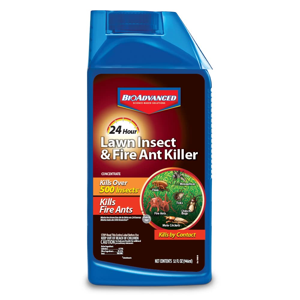 BioAdvanced 24 Hour Lawn Insect Killer bottle pour demonstrates fast protection for lawns.