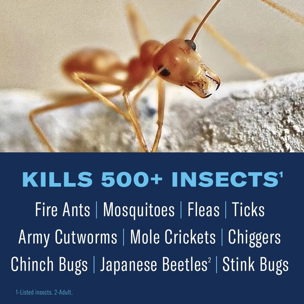 BioAdvanced concentrate package shows quick, rainproof pest control around home foundations.