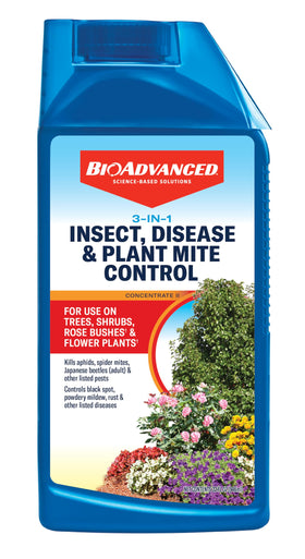 BioAdvanced 3-in-1 bottle applying multi-action pest and disease protection on plants