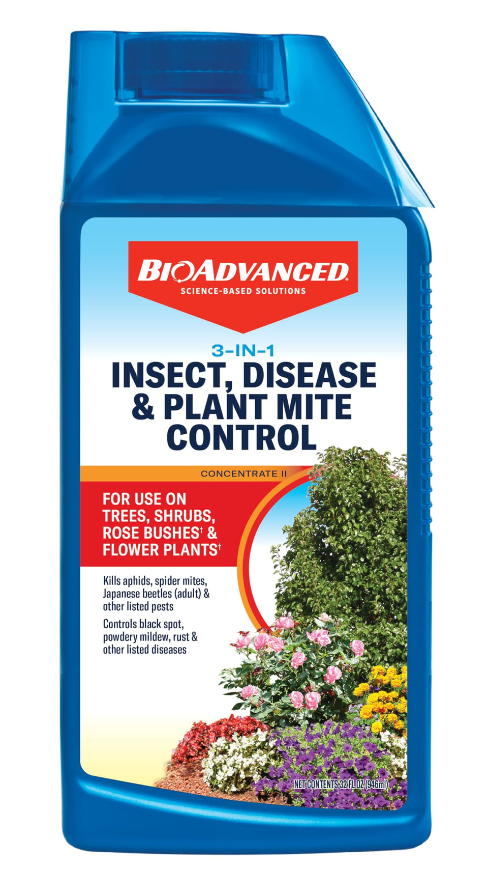 BioAdvanced 3-in-1 bottle applying multi-action pest and disease protection on plants