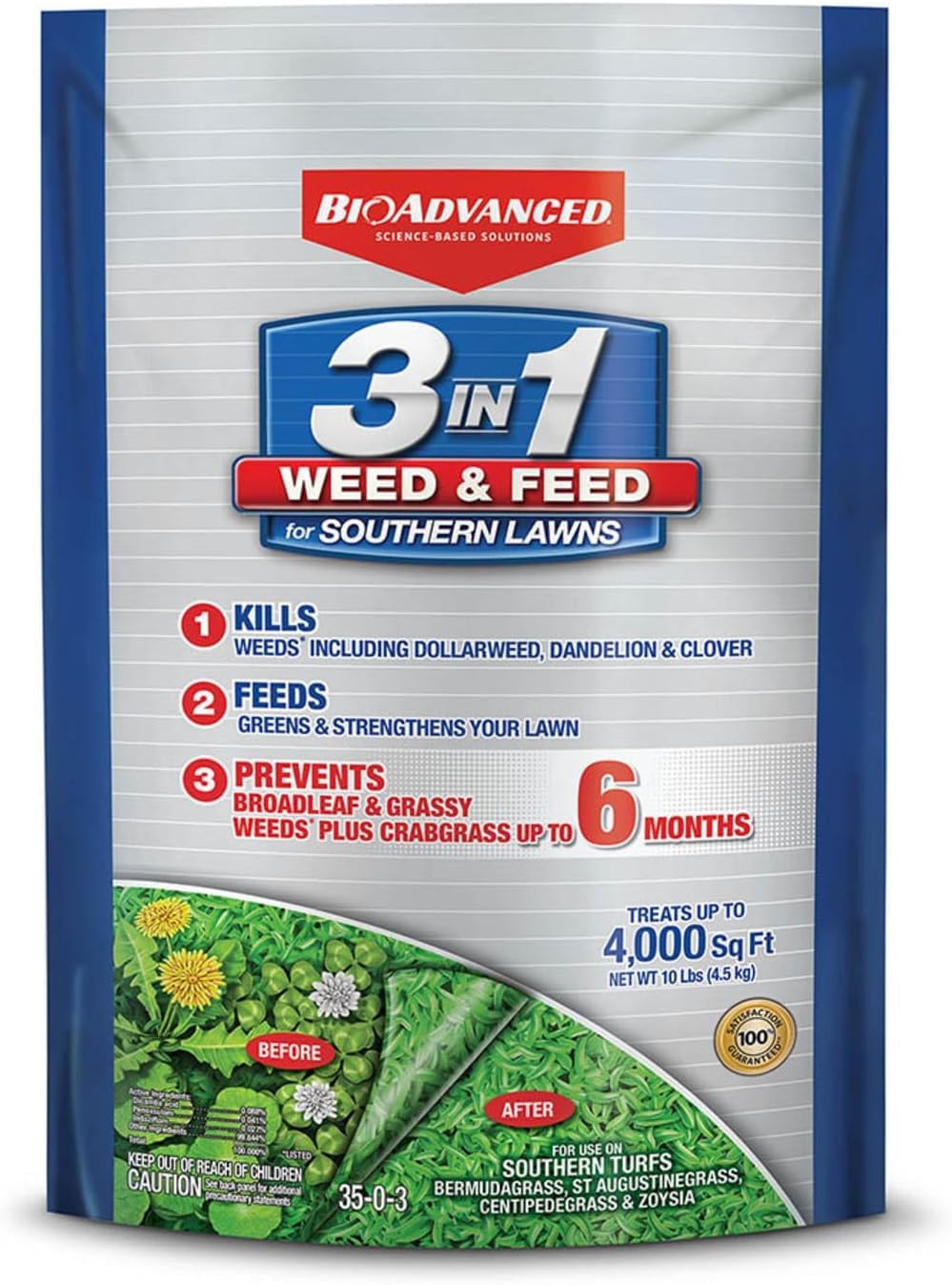 BioAdvanced 3-In-1 Weed and Feed granules on a lush Southern lawn for weed control