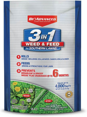 BioAdvanced 3-In-1 Weed and Feed granules on a lush Southern lawn for weed control