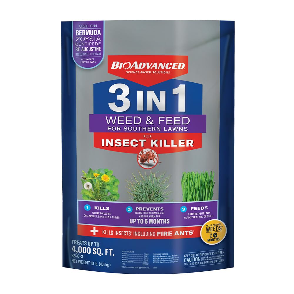 BioAdvanced 3-in-1 Weed & Feed bag for Southern Lawns showing weed control and lawn feeding.