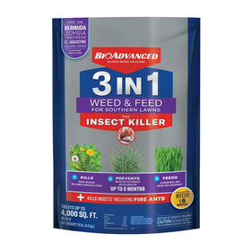 BioAdvanced 3-in-1 Weed & Feed bag for Southern Lawns showing weed control and lawn feeding.