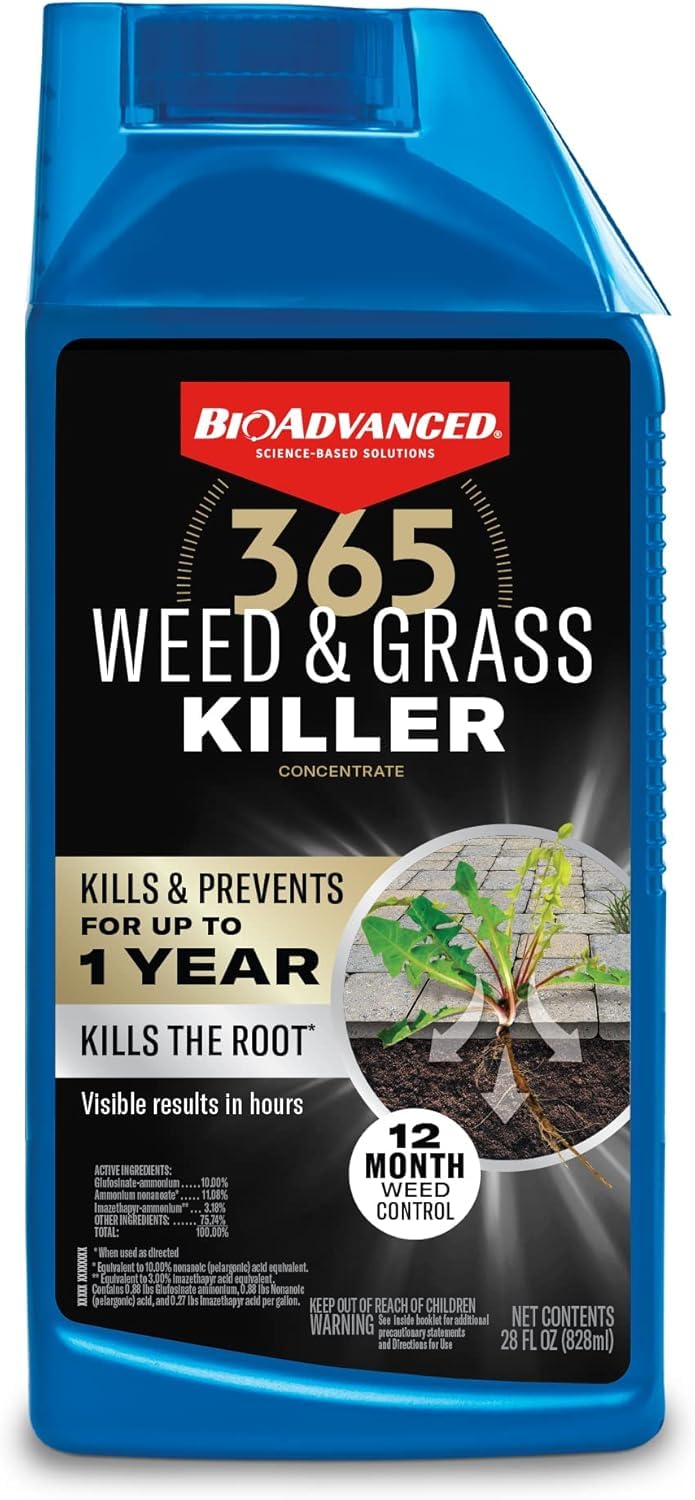 BioAdvanced 365 Weed & Grass Killer bottle pouring near patios for fast results.