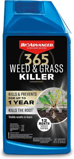 BioAdvanced 365 Weed & Grass Killer bottle pouring near patios for fast results.