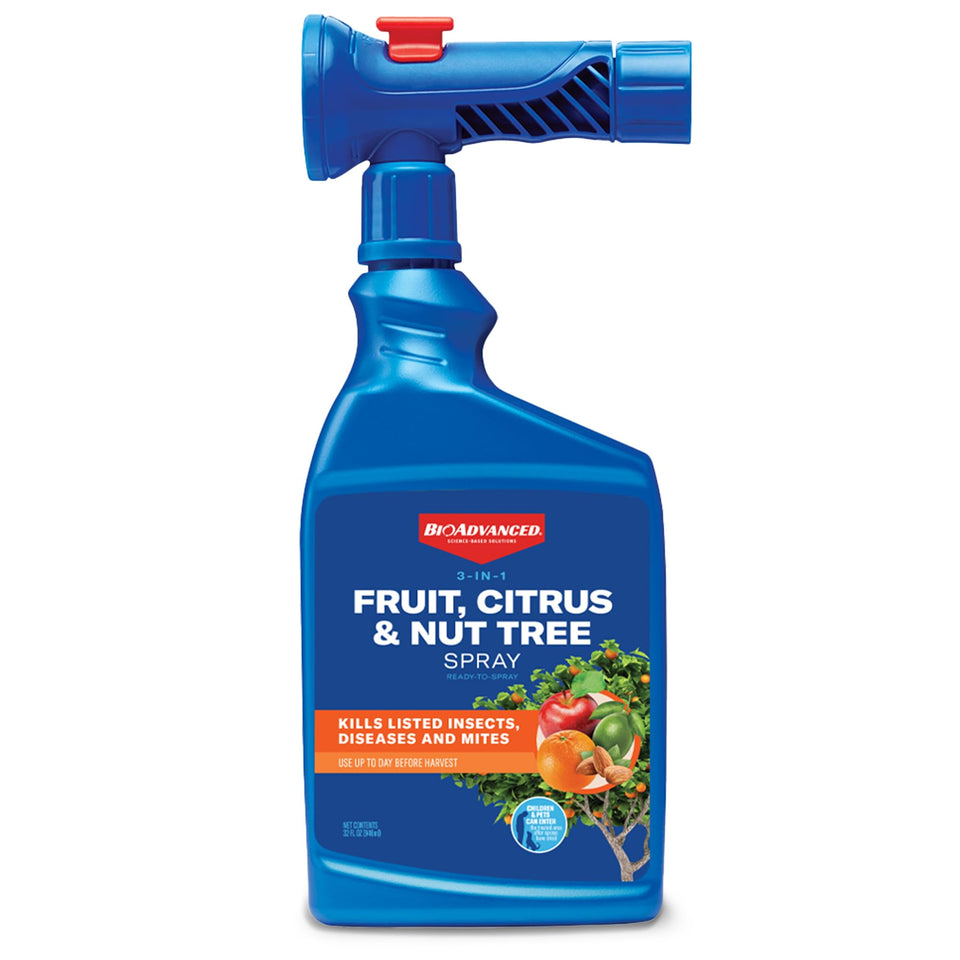 BioAdvanced 3-in-1 spray bottle protects fruit trees from pests and diseases.