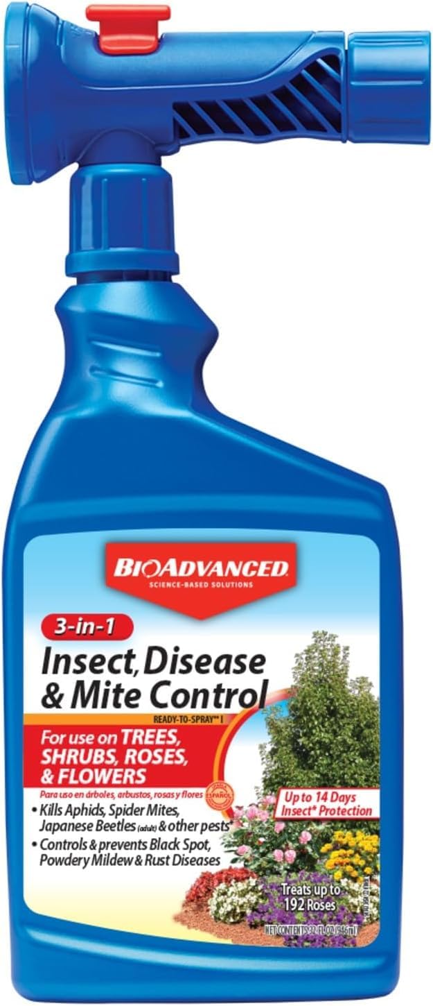 BioAdvanced 3-in-1 bottle shown for insect, disease, and mite control.