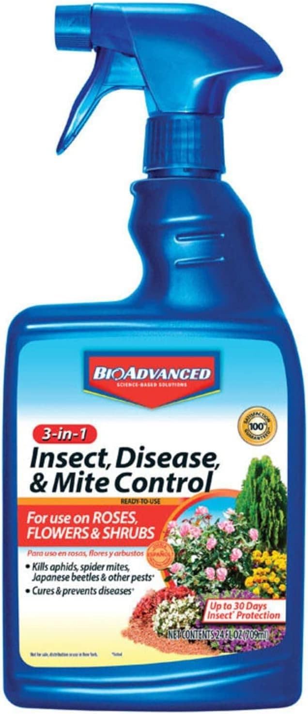 BioAdvanced 3-in-1 spray bottle protecting plants.