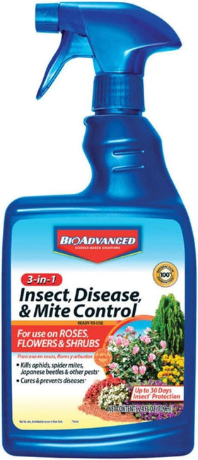 BioAdvanced 3-in-1 spray bottle protecting plants.