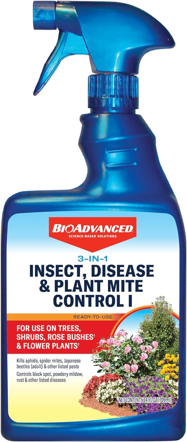 BioAdvanced 3-in-1 spray bottle shown for broad plant protection against pests and diseases.