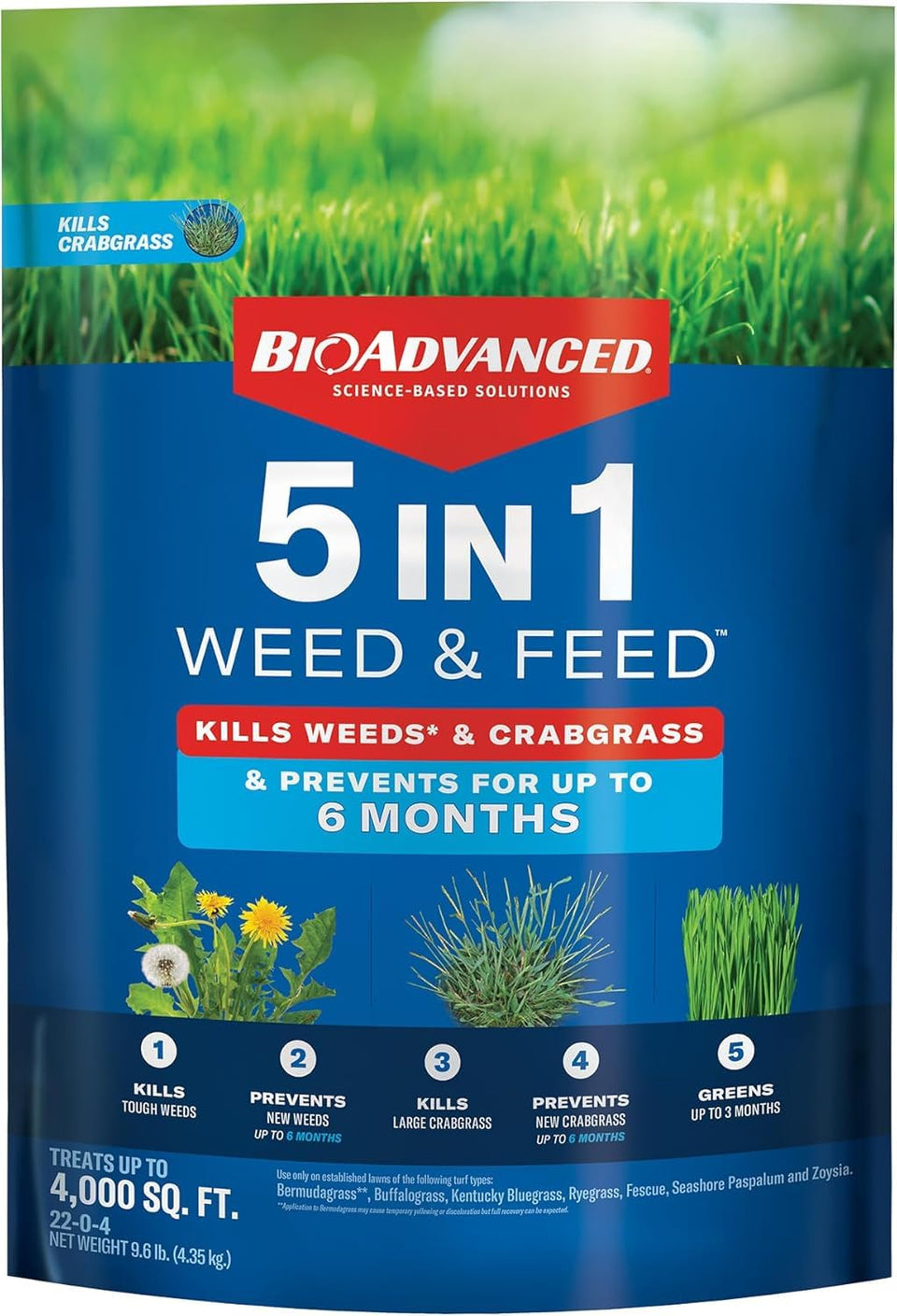 BioAdvanced 5-in-1 weed and feed granules bag for all-in-one weed control and lawn feeding.