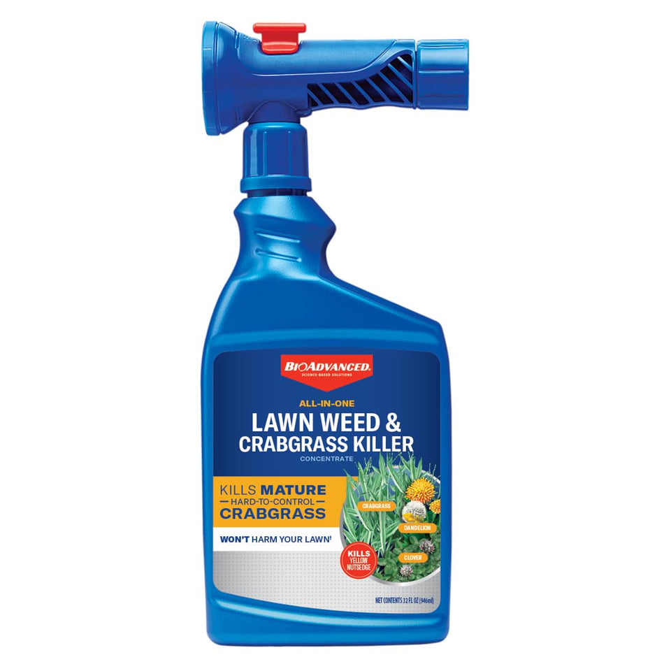 BioAdvanced all-in-one weed killer bottle close-up showing targeted weed control