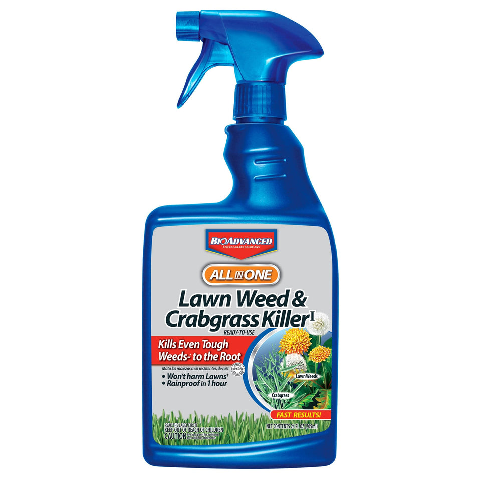 BioAdvanced All-In-One weed killer bottle for ready-to-use lawn treatment.