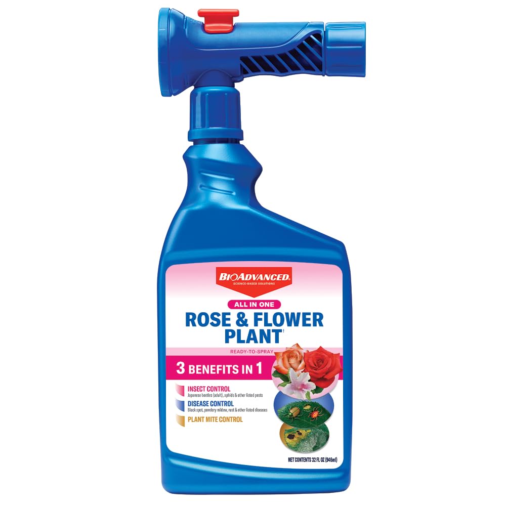 BioAdvanced All-in-One Rose and Flower Care bottle label ready for garden protection.