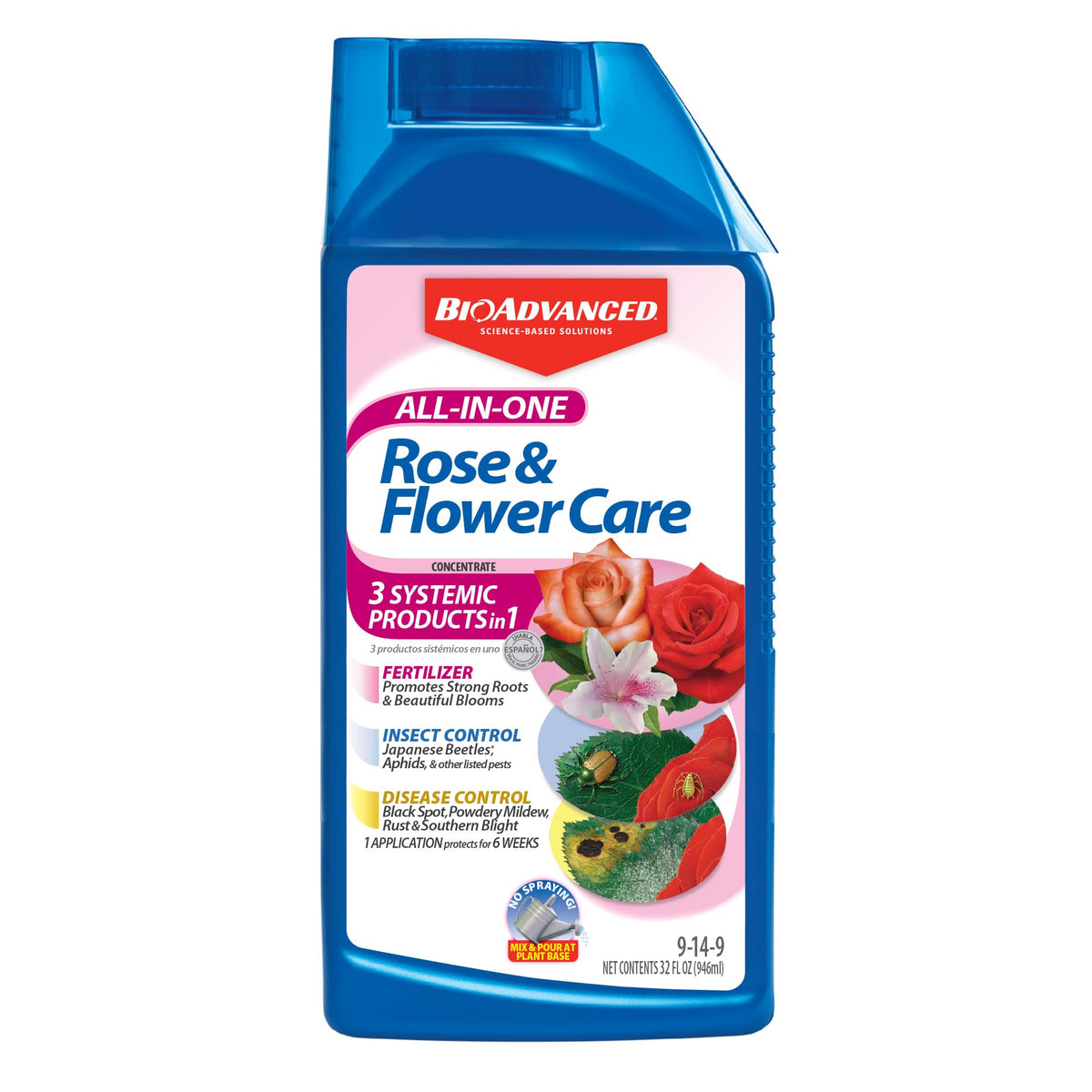 BioAdvanced All-In-One Rose and Flower Care bottle boosts blooms.