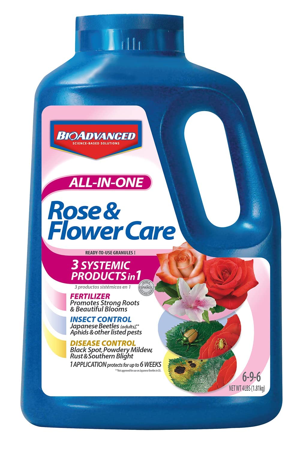 BioAdvanced All-In-One Rose & Flower Care bottle front with 4 lb packaging