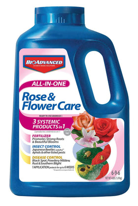 BioAdvanced All-In-One Rose & Flower Care bottle front with 4 lb packaging
