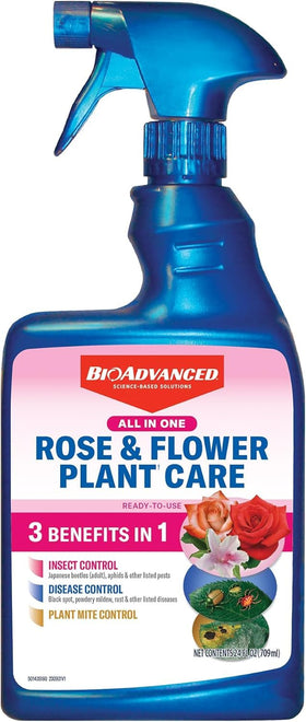 BioAdvanced all-in-one rose and flower care spray bottle ready to apply for outdoor plants