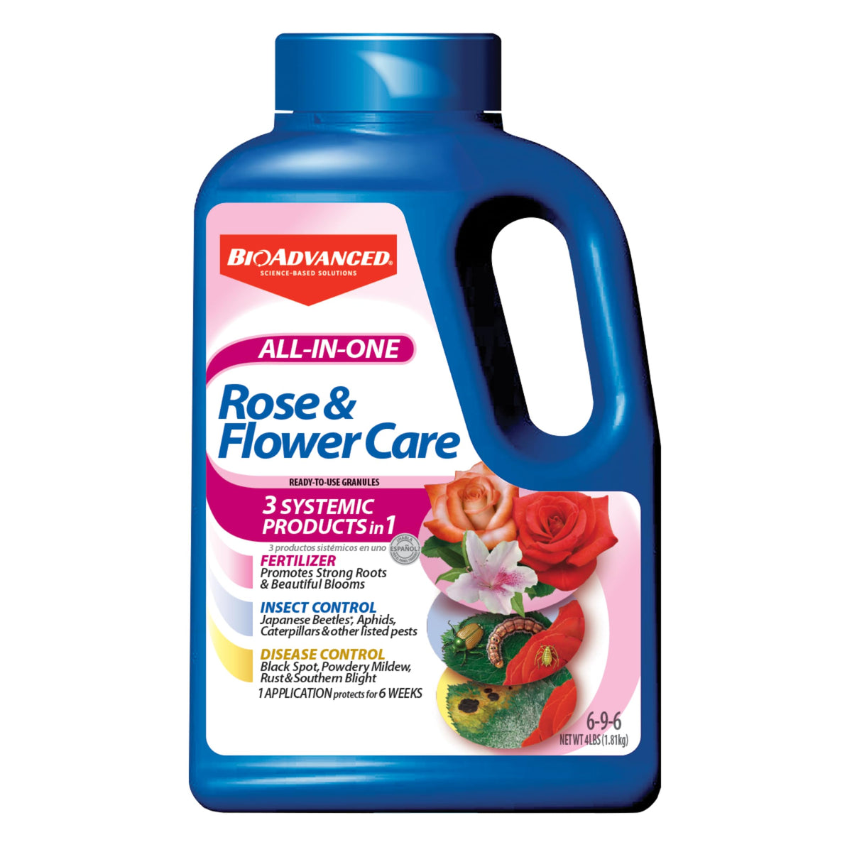 BioAdvanced All-In-One Rose Care bottle shown with vibrant roses ready for protection.
