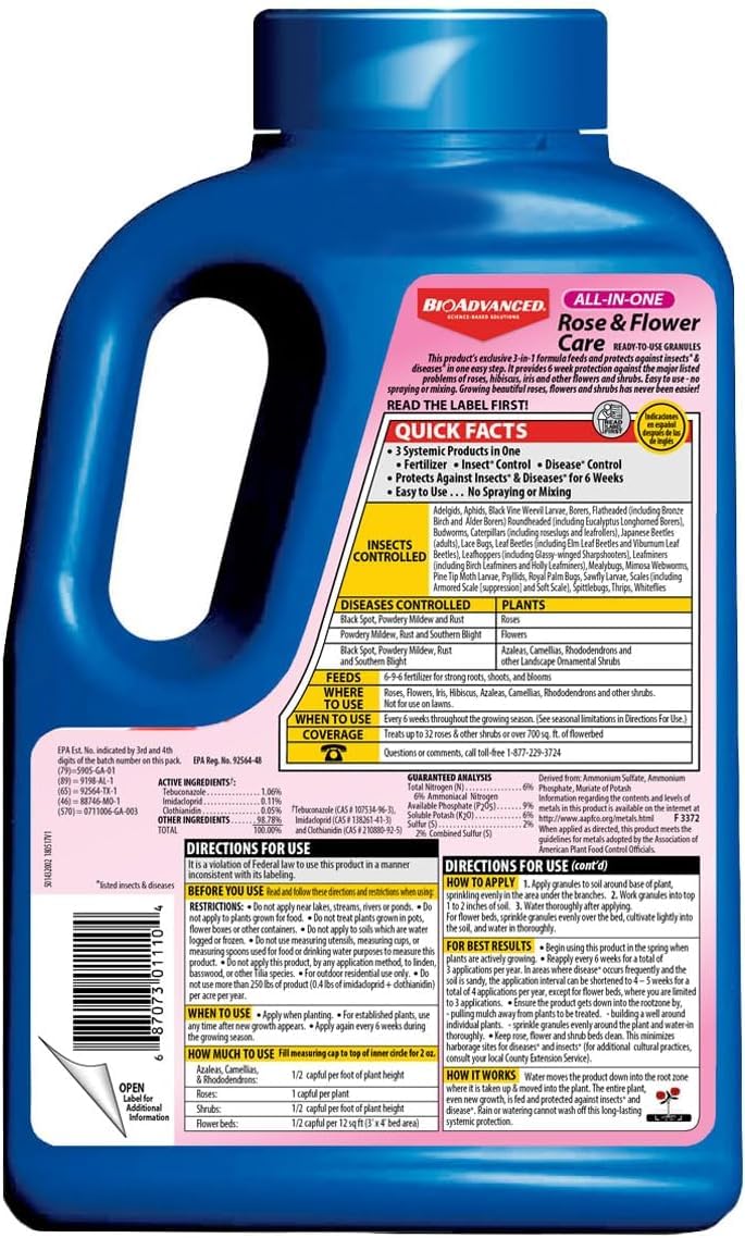 Easy-to-use BioAdvanced All-In-One granules sprinkled around roses for convenient care.