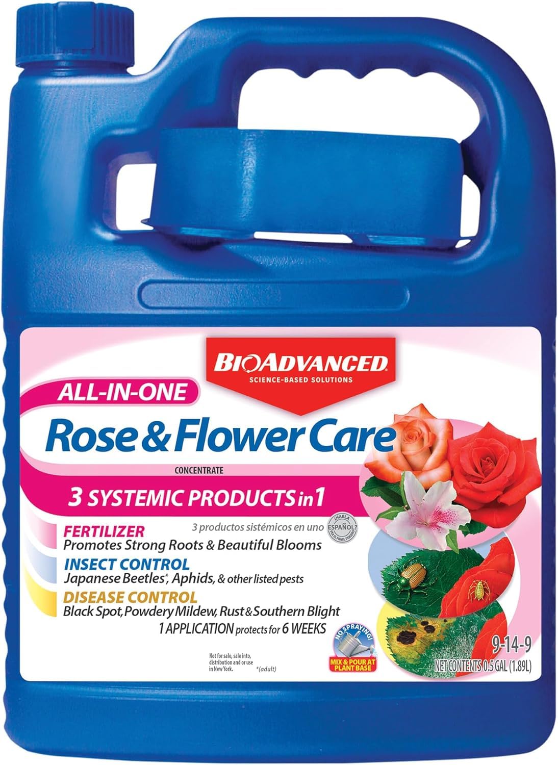 BioAdvanced All-In-One Rose & Flower Care bottle ready for 3-in-1 feeding, pest and disease protection.