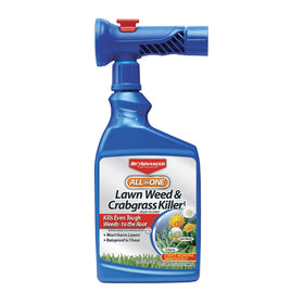 BioAdvanced all-in-one weed-crabgrass killer bottle for lawn treatment.