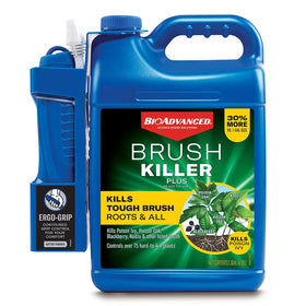 BioAdvanced Brush Killer Plus bottle label highlighting tough weed and root-kill ability.
