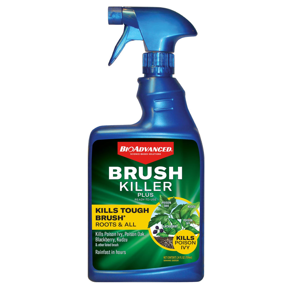 BioAdvanced Brush Killer Plus spray bottle in action for tough brush control.