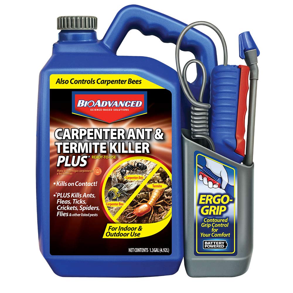 BioAdvanced Carpenter Ant & Termite Killer Plus spray bottle targets carpenter ants and termites for indoor and outdoor control.
